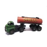 A TRI-ANG MINIC BEDFORD S TYPE ARTICULATED PETROL TANKER 'SHELL / B.P.' with a green cab and red
