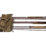 FISHING RODS X3 including a three piece 10' Greenheart fly rod, three piece with spare tip, and a