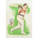 MIKE TARR Bill Alley batting with inset portrait vignette, watercolour, signed lower right, 52 x