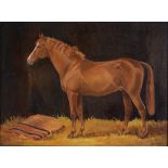 C HEATHER A chestnut pony in a stable, oil on board, signed lower right, 29.5 x 39.5cm