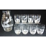 A ROWLAND WARD CUT GLASS WATER SET comprising a jug and eight tumblers, each etched with scenes of