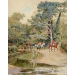 WALTER TYNDALE A hunt on a woodland track by a stream, watercolour, signed lower left, 23 x 18cm