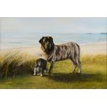 ANN GRAY (BRITISH, 20TH CENTURY) Mastiff and Spaniel in a Coastal Landscape, oil on board, signed