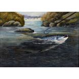 ENGLISH SCHOOL Salmon about to be landed, oil on canvas, 24.5 x 34.5cm