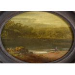 ENGLISH SCHOOL fisherman by a lake, oil on board, oval, 9.5 x 13cm