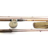 FISHING RODS X2 & REEL- Allcocks ''Superwizard'' three piece rod with cork handle and a Grice &