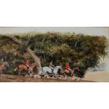 CAROLINE COOK 'Skirting the plough', hunting scene, watercolour, 26 x 49cm, with purchase note