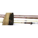 FISHING RODS X2 including a three piece 11' fly rod and a two piece 8' spinner rod both fiber-