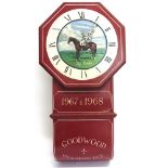 A DROP DIAL BATTERY PAINTED WALL CLOCK the dial with an image of 'Sky Diver' with jockey up,