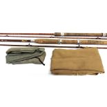 FISHING RODS X2 two cane fishing rods with cork handles, both two piece with canvas bags in good