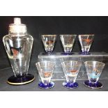 AN ART DECO GLASS COCKTAIL SHAKER with plated rim and stopper and six glasses of flared outline each