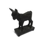 A BRONZE FIGURE OF A GOAT standing on a rectangular base raised on four dwarf feet, signed and dated