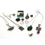 A COLLECTION OF SILVER AND SILVER COLOURED JEWELLERY some stone set
