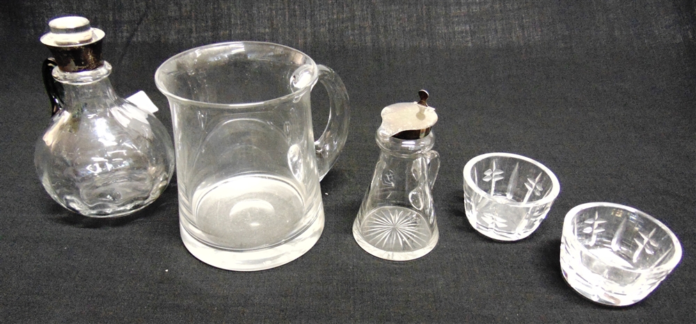 A GROUP OF VARIOUS GLASSWARE including a silver mounted glass jug with stopper and green glass