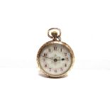 A 12 CARAT GOLD FOB WATCH the enamel dial with pink Arabic numerals and gilt detail, blued steel