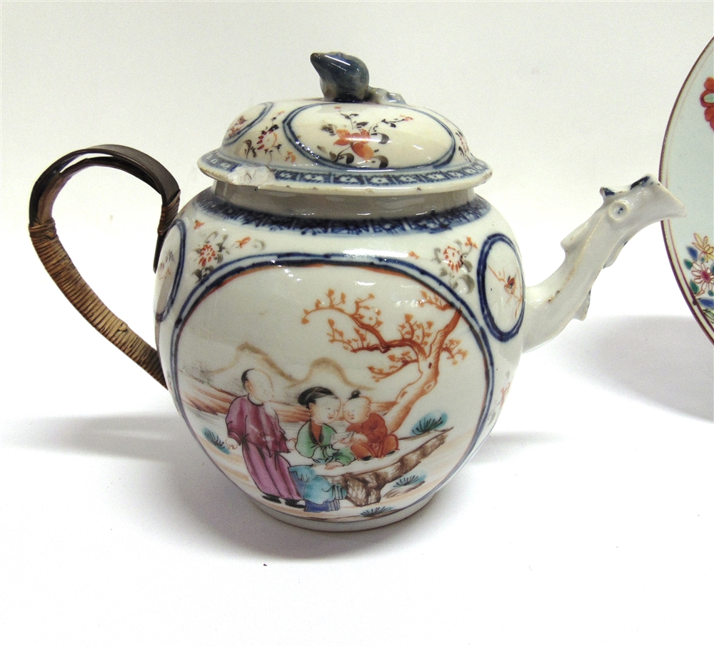A 19TH CENTURY CHINESE PORCELAIN TEAPOT roundels decorated with a couple with child in mountainous - Image 3 of 5