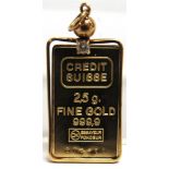 A CREDIT SUISSE, ZURICH INGOT PENDANT the frame stamped '14K585' set with a small diamond, mounted