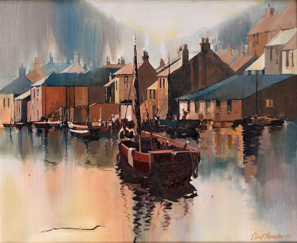 DAVID THORNTON (BRITISH, 20TH CENTURY) Urban river moorings, oil on canvas, signed and dated '[19]