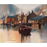 DAVID THORNTON (BRITISH, 20TH CENTURY) Urban river moorings, oil on canvas, signed and dated '[19]