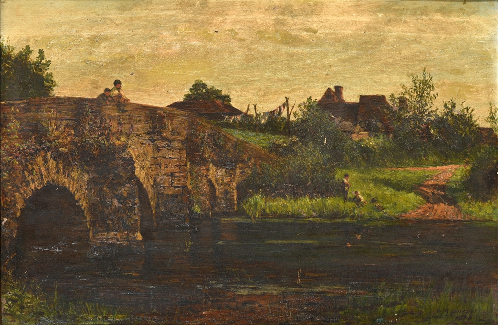 BRITISH SCHOOL (LATE 19TH CENTURY) A river bridge; and a variant view of the same, a pair, oil on - Image 2 of 2