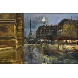 * BURNETT (LATER 20TH CENTURY) Paris street scene at night, oil on board, signed lower right, 59.5cm