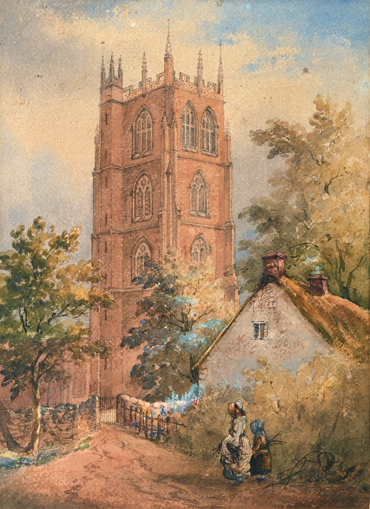 BRITISH SCHOOL (19TH CENTURY) Red stone church tower, possibly Somerset, watercolour, unsigned, 39cm