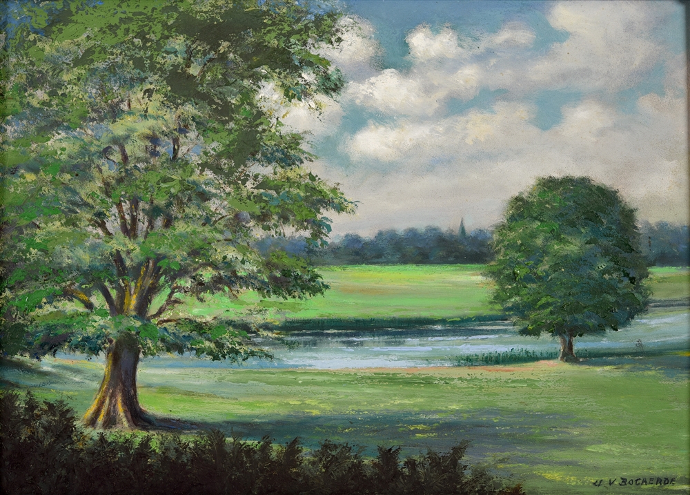 ULRIC VAN DEN BOGAERDE (BRITISH, 1892-1972) 'From the terrace, Claydon House, Bucks', oil on