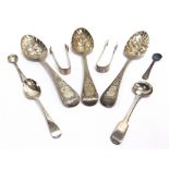 A TRIO OF BERRY SPOONS the later decorated spoons bottom marked; with a pair of silver sugar