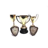 A COLLECTION OF THREE SILVER TROPHY CUPS AND TWO SHIELDS 440g (14 troy ozs) gross weighable