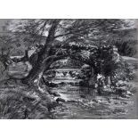 BARRY WATKIN, F.R.S.A. (BRITISH, CONTEMPORARY) 'Robbers Bridge, Weirwater, Exmoor', charcoal and