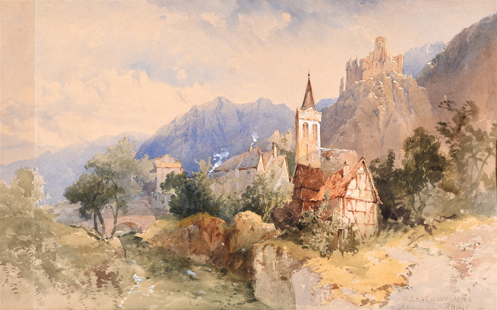 EDWARD RICHARDSON (BRITISH, 1810-1874) 'Village of Welmish, Rhine', watercolour heightened with