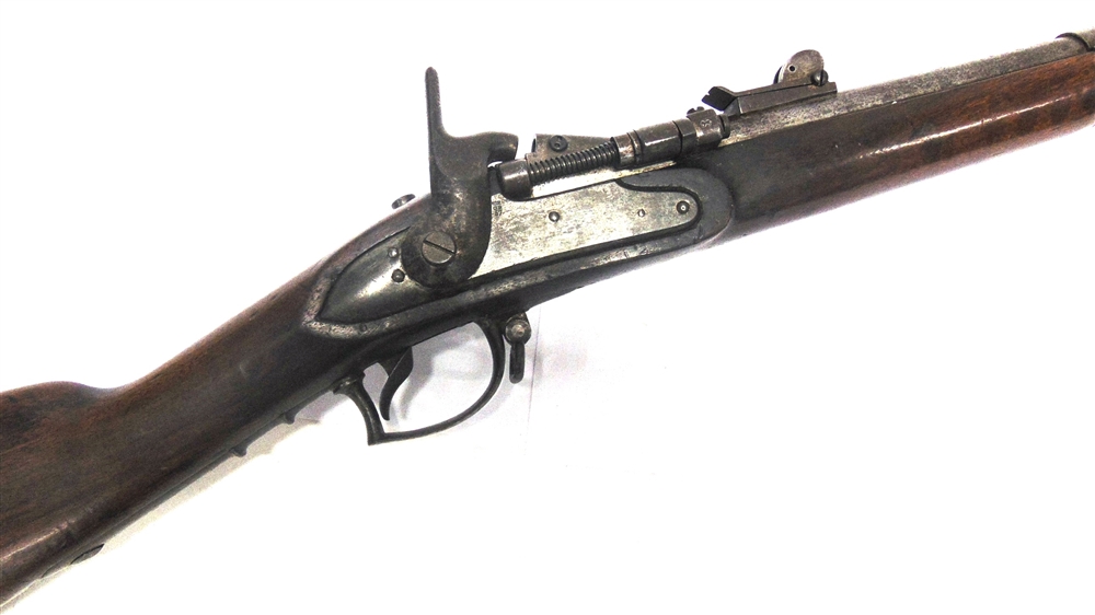 A DUTCH 1867 MODEL SNIDER PERCUSSION RIFLE by Stevens, the walnut stock with a steel lockplate