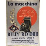 AN AGFA 'BILLY RECORD' PRINTED SHOWCARD 1933, depicting a folding bellows camera and a sprig of