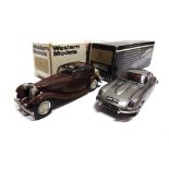 [WHITE METAL]. TWO 1/43 SCALE WESTERN MODELS CARS comprising a No.WMS35, 1934 Jaguar SS I, brown,
