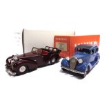 [WHITE METAL]. TWO 1/43 SCALE WESTERN MODELS CARS comprising a Mini Marque Triumph Roadster, maroon,