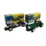 TWO CORGI DIECAST MODEL RACING CARS comprising a No.152, B.R.M. Formula 1 Racing Car, green,