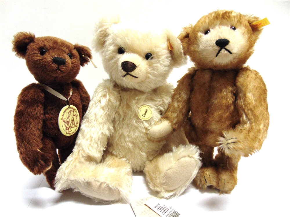 THREE STEIFF COLLECTOR'S TEDDY BEARS the largest 42cm high, all unboxed.