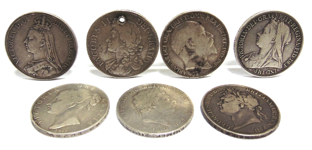 GREAT BRITAIN - ASSORTED SILVER CROWNS comprising a James II crown, 1687 (tertio), drilled; George