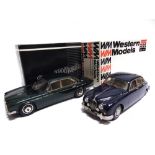 [WHITE METAL]. TWO 1/24 SCALE WESTERN MODELS CARS comprising a Jaguar Mk II, dark blue, very near