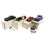 [WHITE METAL]. FOUR 1/43 SCALE MODEL CARS with varying degrees of damage or detached / lost parts,