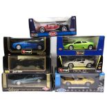 SEVEN 1/18 SCALE DIECAST MODEL CARS including Italian supercars, each mint or near mint and boxed.