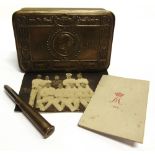 A GREAT WAR PRINCESS MARY CHRISTMAS 1914 BRASS GIFT TIN with original card and 'bullet' pencil;