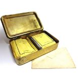A GREAT WAR PRINCESS MARY CHRISTMAS 1914 BRASS GIFT TIN with original card, cigarettes (opened,