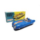 A CORGI NO.151A, LOTUS MARK ELEVEN LE MANS RACING CAR blue with a red and white bonnet stripe,