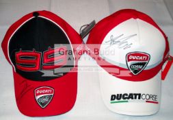 A group of six autographed MotoGP caps, pairs for the Ducati, Repsol Honda and Yamaha Tech teams,