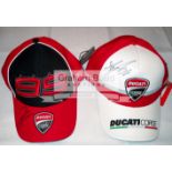 A group of six autographed MotoGP caps, pairs for the Ducati, Repsol Honda and Yamaha Tech teams,