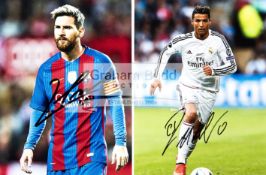 Lionel Messi & Cristiano Ronaldo signed photographs, both 8 by 6in.