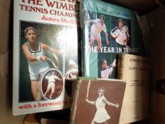A collection of mostly tennis books, authors including Betty Nutthall, Gordon Lowe, A E Crawley,