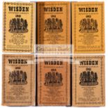 A run of six John Wisden's Cricketers' Almanacks for 1940 to 1945, limp linen,