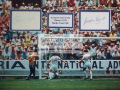 Pele & Gordon Banks double-signed 1970 World Cup "Greatest Save" photographic display, 12 by 16in.
